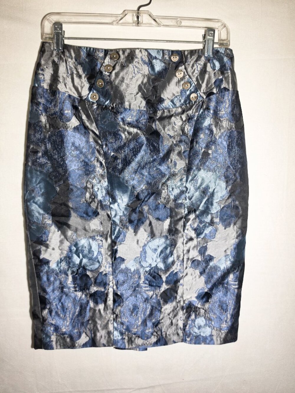 Size 2 Eva Franco Anthropologie blue metallic floral jacquard pencil skirt